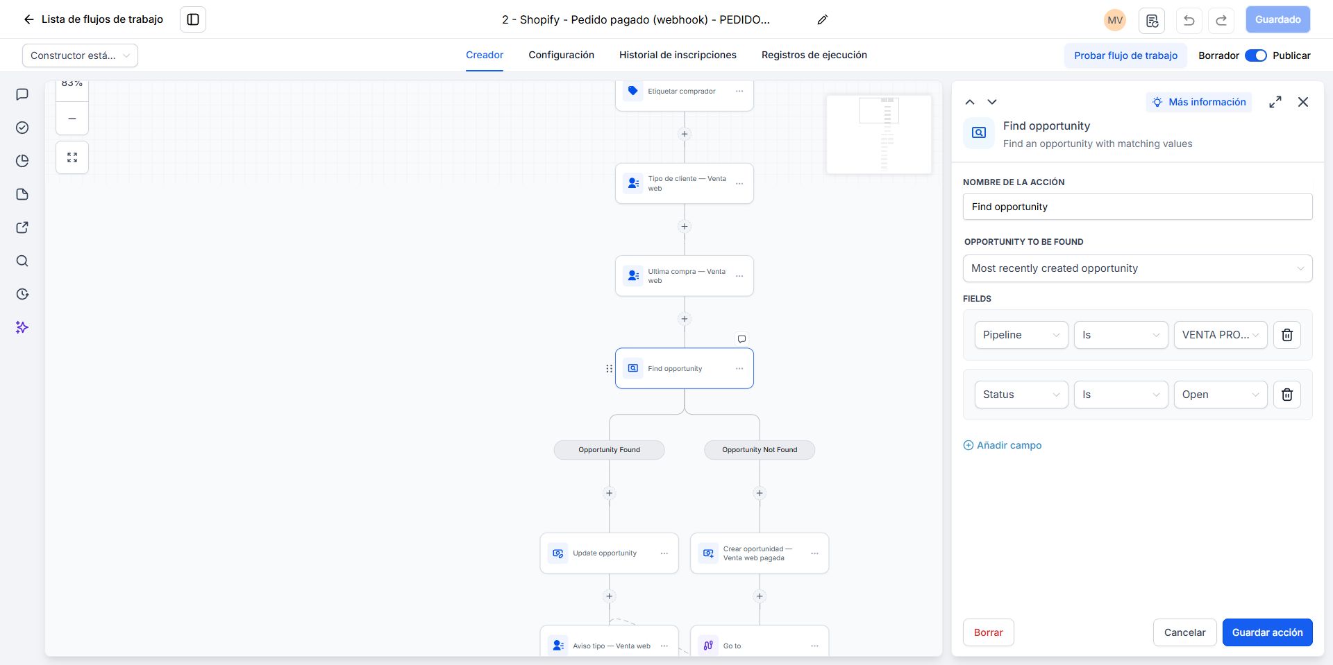 Published paid-order workflow: find an open opportunity, update it, or create a new one