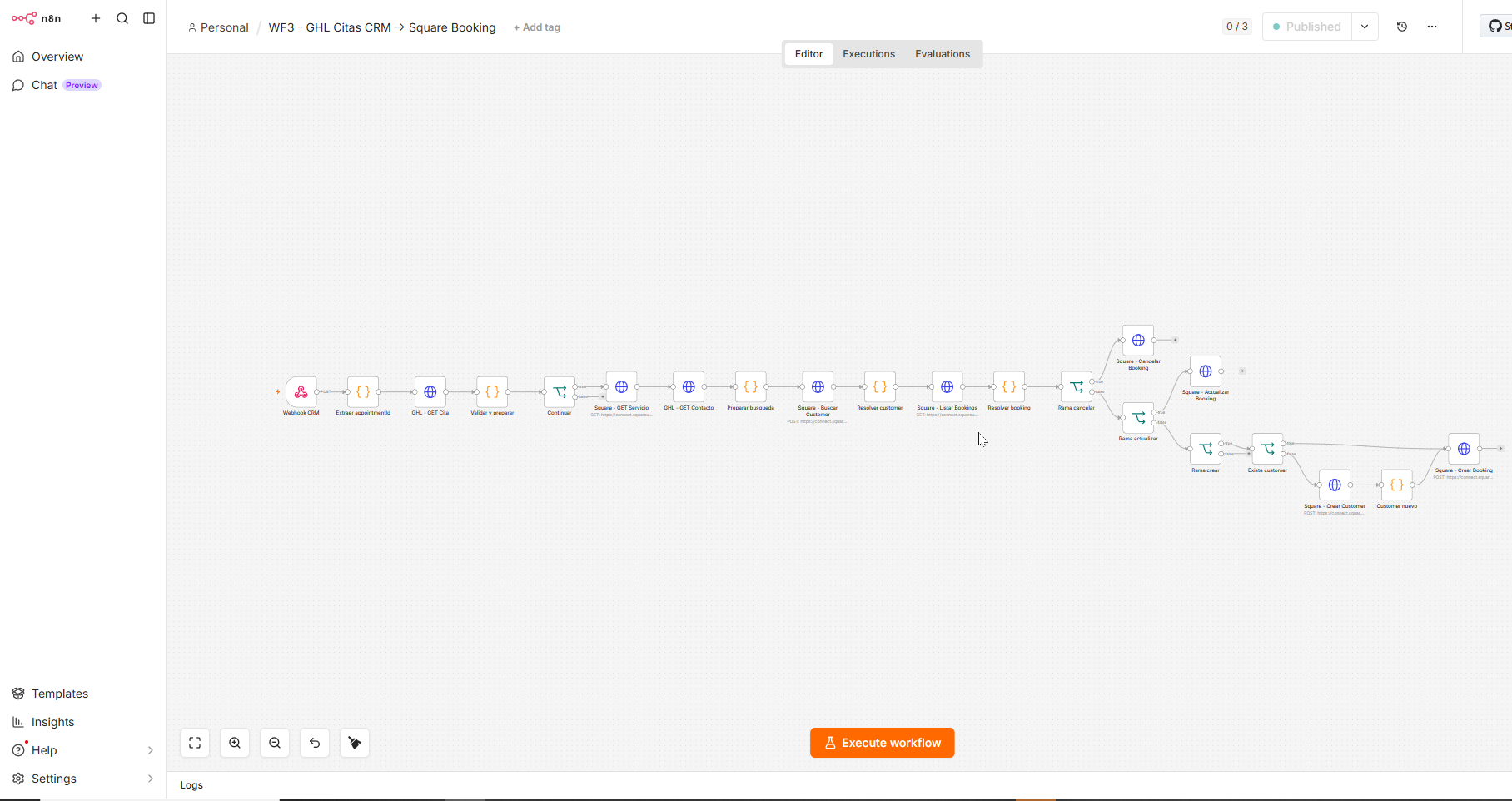 n8n workflow connecting GoHighLevel appointments with Square booking operations